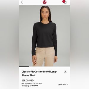 Lululemon Classic Fit Cotton long sleeve Tee, size 8, black